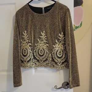 Endless Rose SzLG Gold Embroidered applique lined, long sheer sleeve Blouse